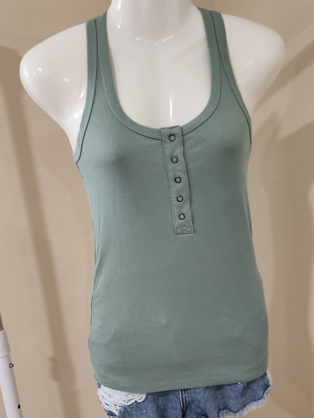 SO Ribbed Henley Tank in Sage Green